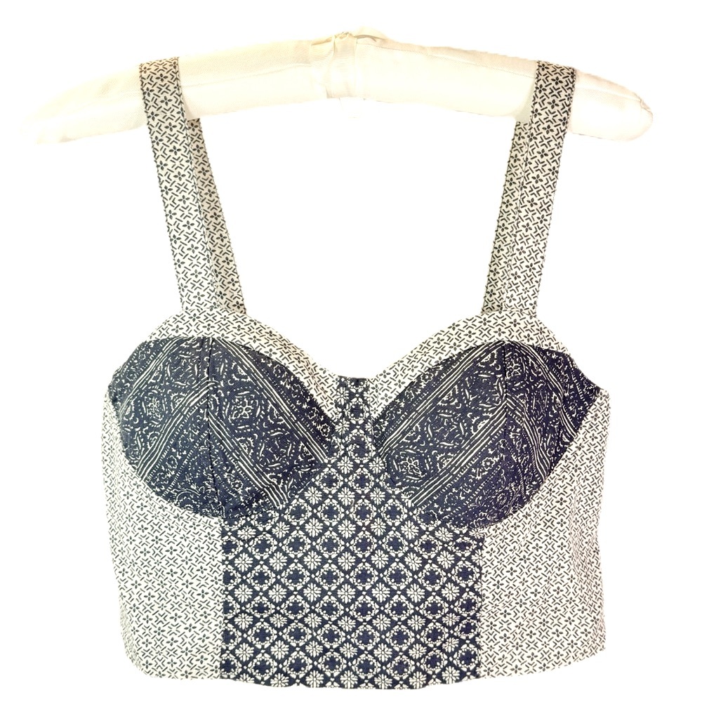 American Eagle NWT Cotton Linen Bustier Crop Top Navy Blue & White Print Sz S